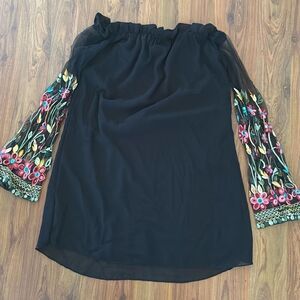 Adorable off the shoulder black mini dress top tunic top with sheer sleeves embr